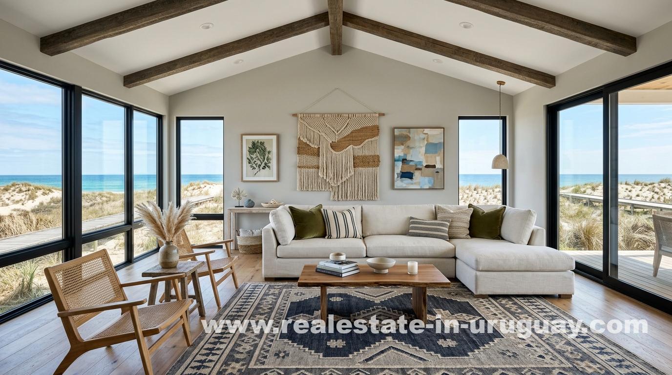 Neutral coastal living room with off-white sofa, olive and striped pillows, organic wall hanging, and abstract art overlooking dunes, embodying quiet luxury in José Ignacio.