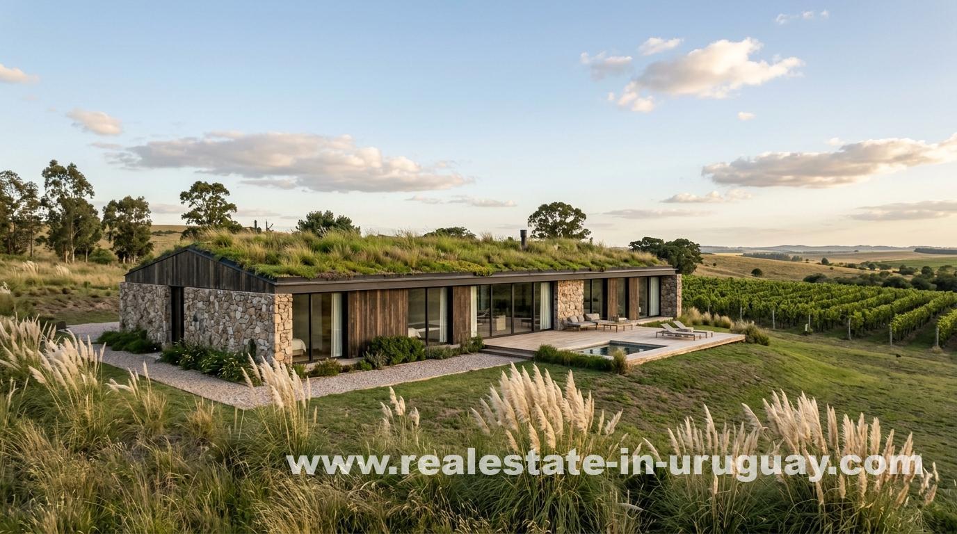 Eco-luxury countryside house with lush green roof and natural stone facade in Pueblo Garzón, surrounded by pampas grasslands and vineyard.
