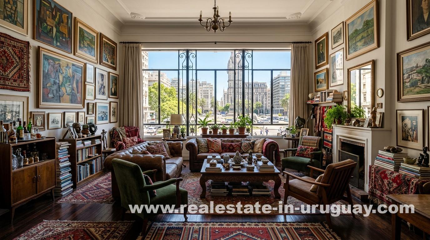 Maximalist living room in Montevideo with patterned textiles, eclectic art, vintage furniture, and large windows overlooking a sunny city street