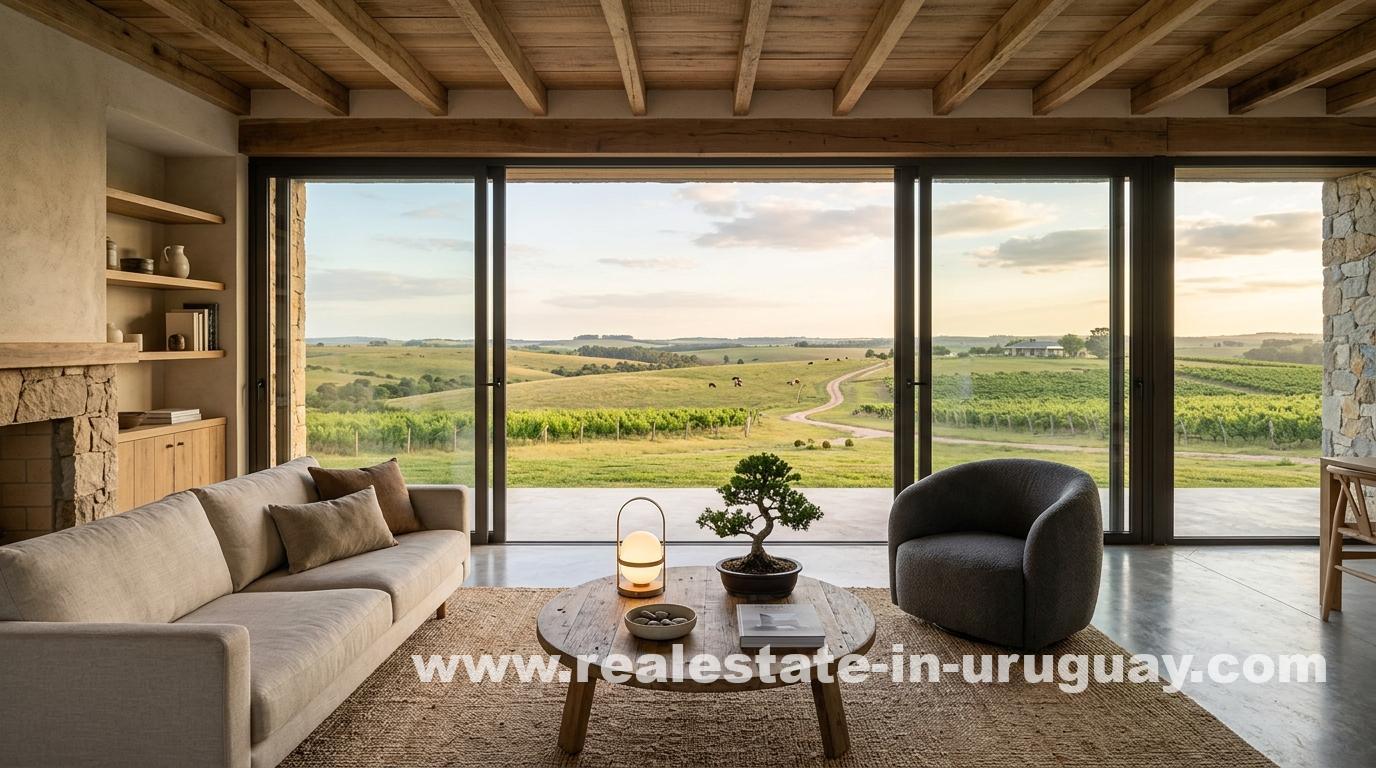 Minimalist countryside living room with sofa, curved armchair, bonsai, overlooking vineyards, anticipating every need.