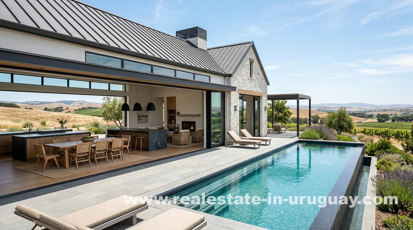 Modern wellness estate with gabled metal roof, stone siding, glass walls, and pool over Uruguay