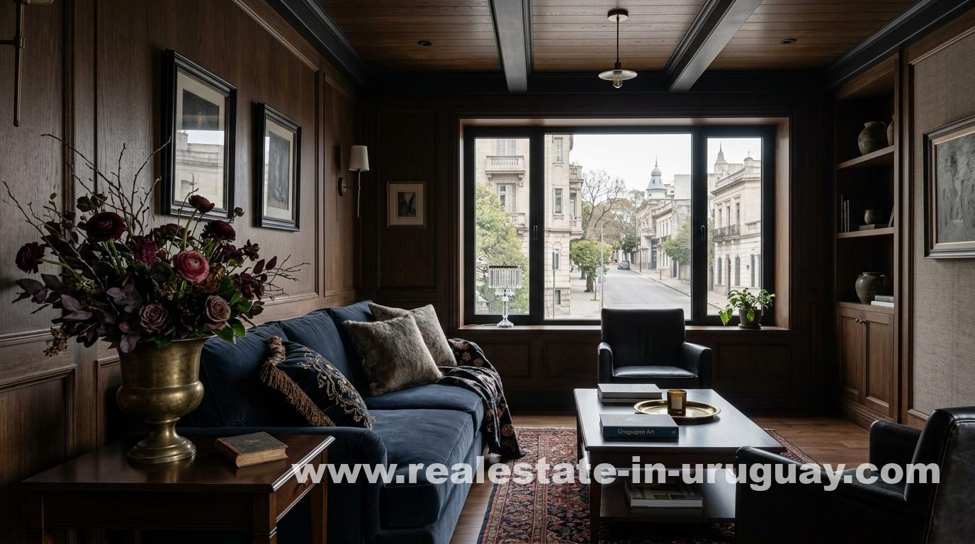 Cohesive luxury material drenching in a Montevideo living room with dark wood, velvet sofa, brass urn, and urban view.