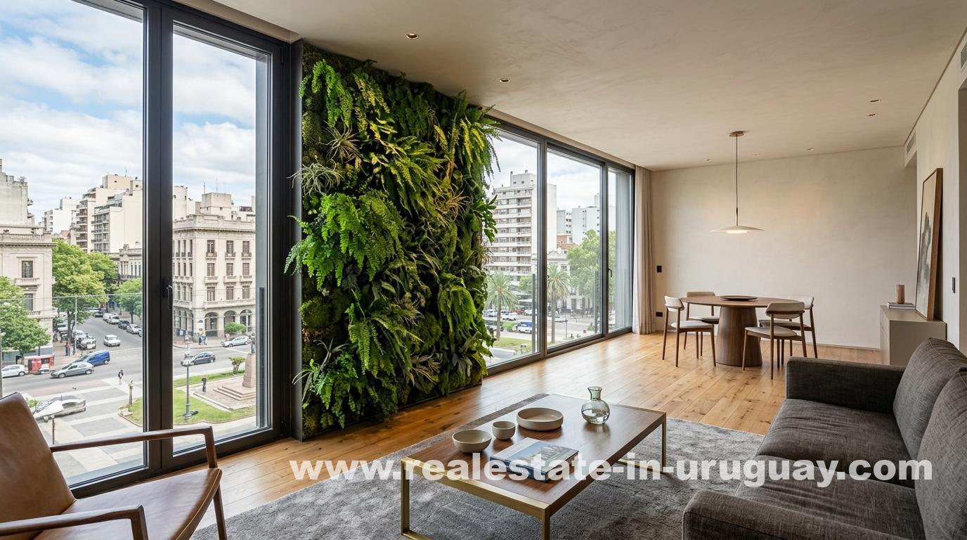 Sober-luxury Montevideo apartment interior with a living vertical garden of native ferns and moss beside a window framing the city streetscape.