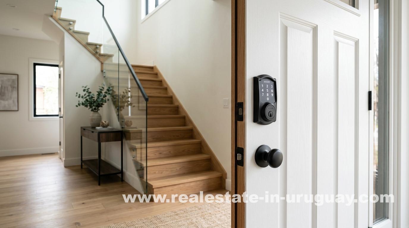 Modern entry door with matte black smart keypad and glass balustrade staircase, showcasing small upgrades that boost property value in Montevideo.