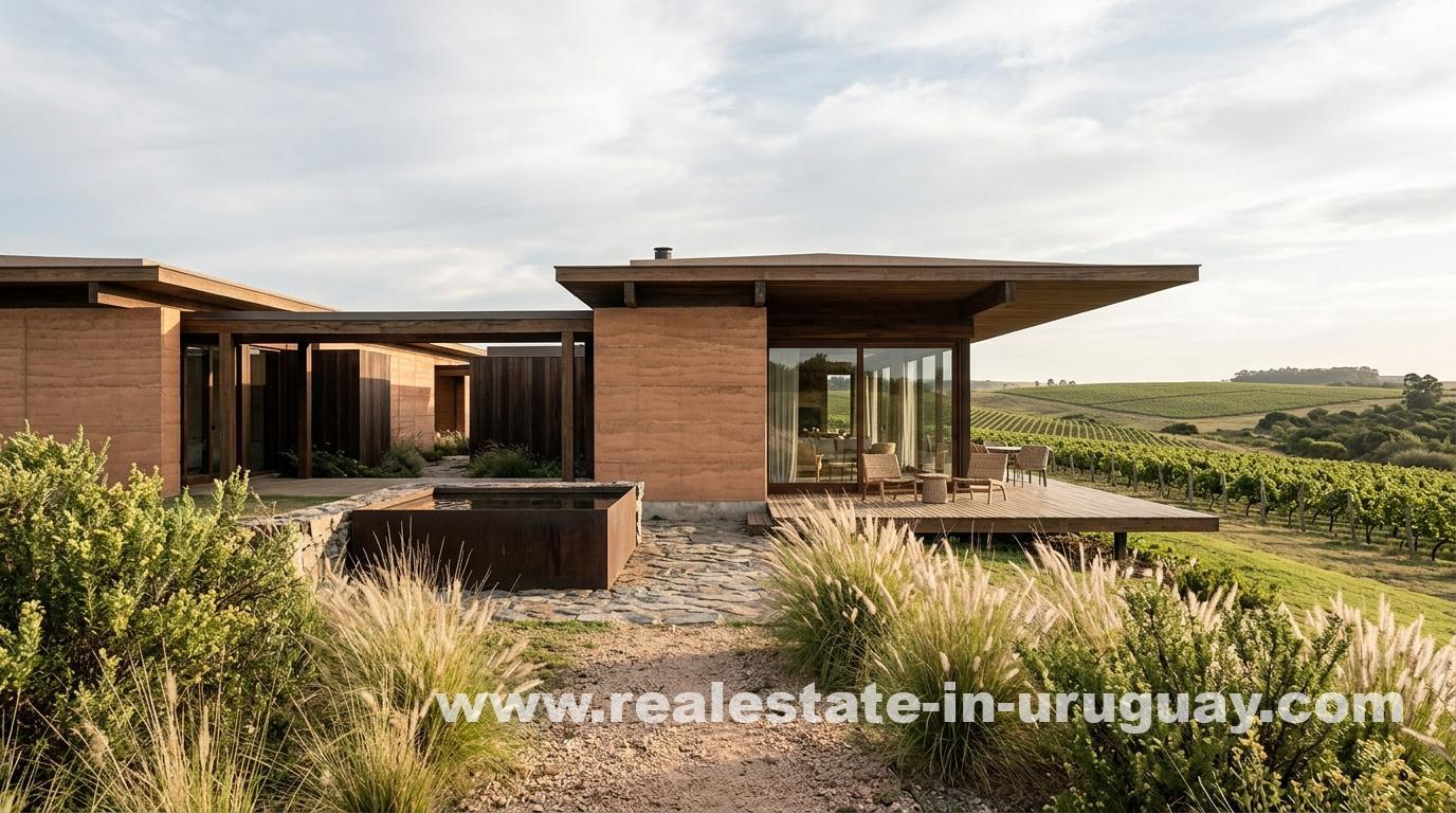 Nüchternes Luxus-Estate aus Stampflehm mit hölzernen Dachüberständen mit Blick auf Weinberg-Hügel in Uruguay