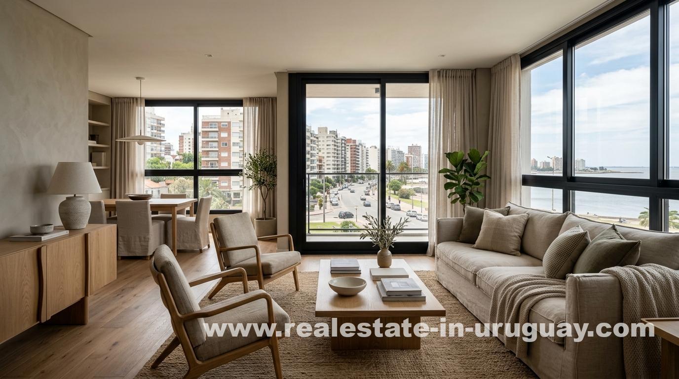Dezentes Luxus-Interieur in Montevideo mit Leinentexturen, Eichenmöbeln und Fenstern, die eine Küstenstraße einrahmen.