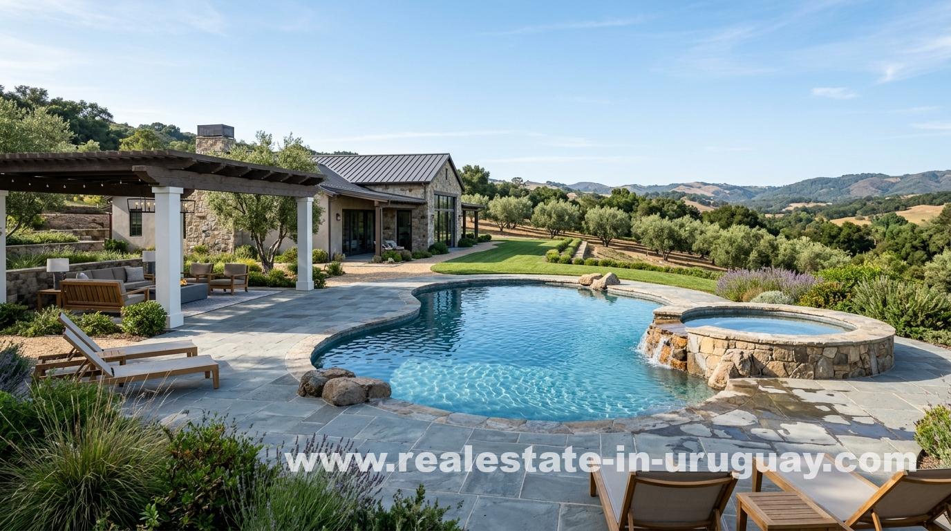 Countryside freeform pool, raised spa spillover, bluestone patio, pergola, olive trees, sober luxury pool renovation Uruguay