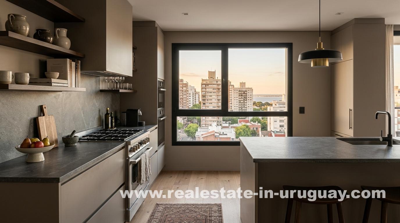 Küche in Montevideo in warmem Grau-Taupe im Stil des zurückhaltenden Luxus – mit matten Fronten, Stein-Arbeitsplatte und Stadtblick.