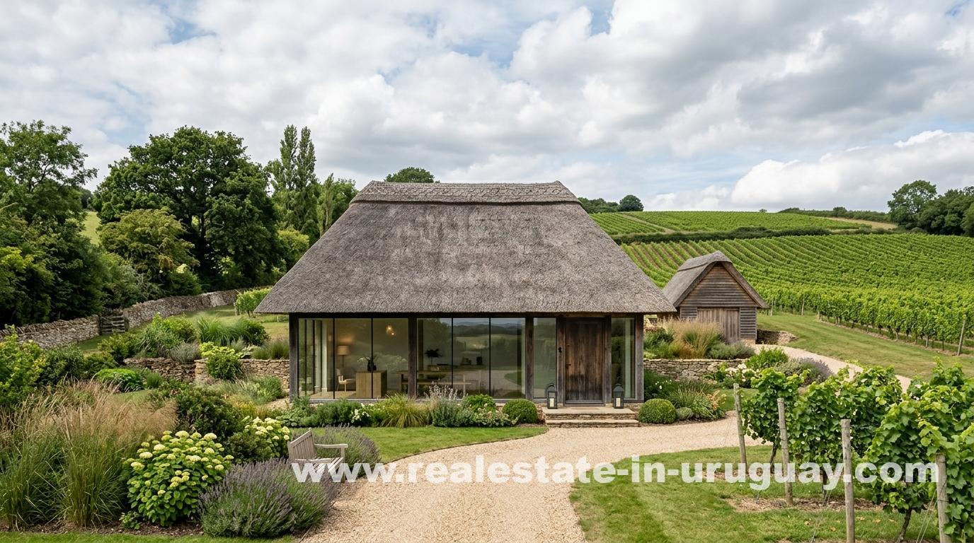 Thatched roof guesthouse with glass walls overlooking vineyards, second thatched structure, Ukrainian concept in Uruguay.