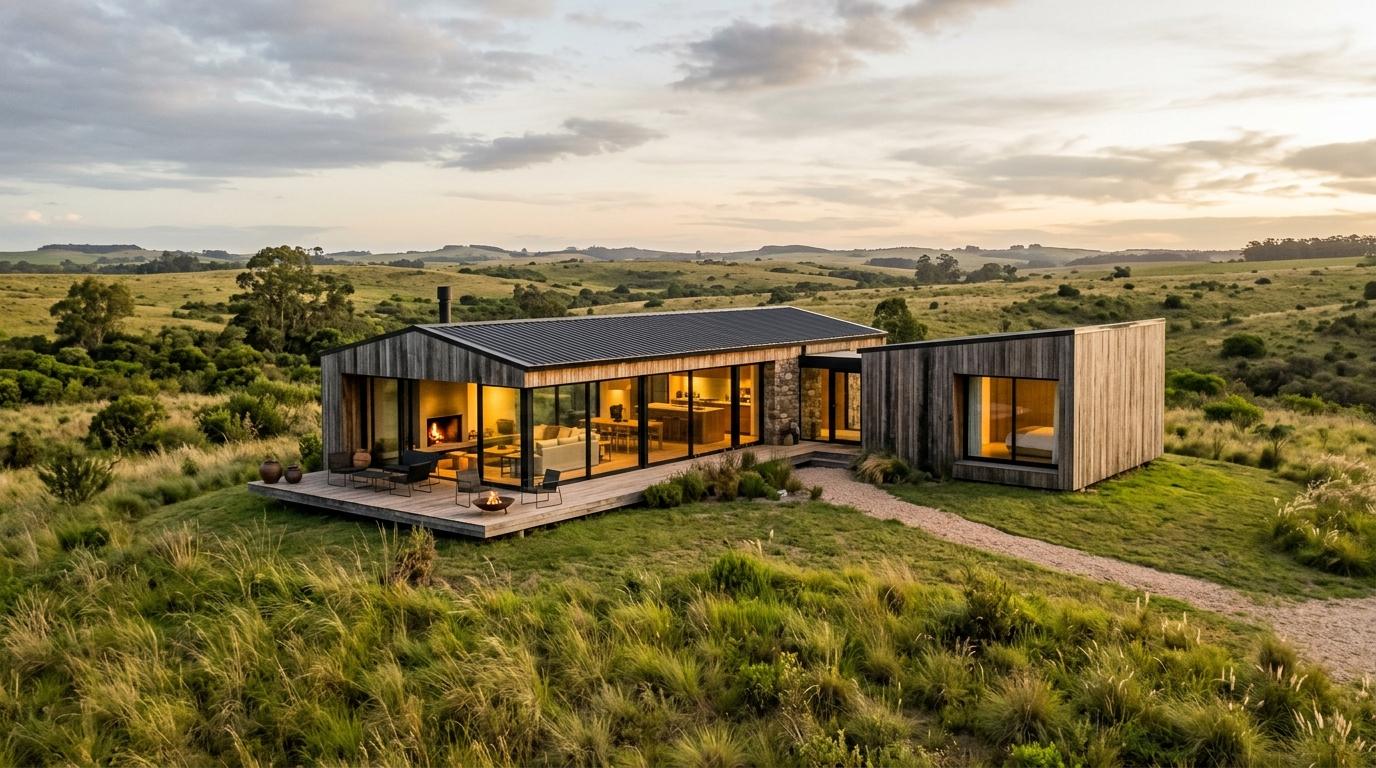 The Girolle Cabin wood-clad French retreat with glass walls and suite wing on Uruguay