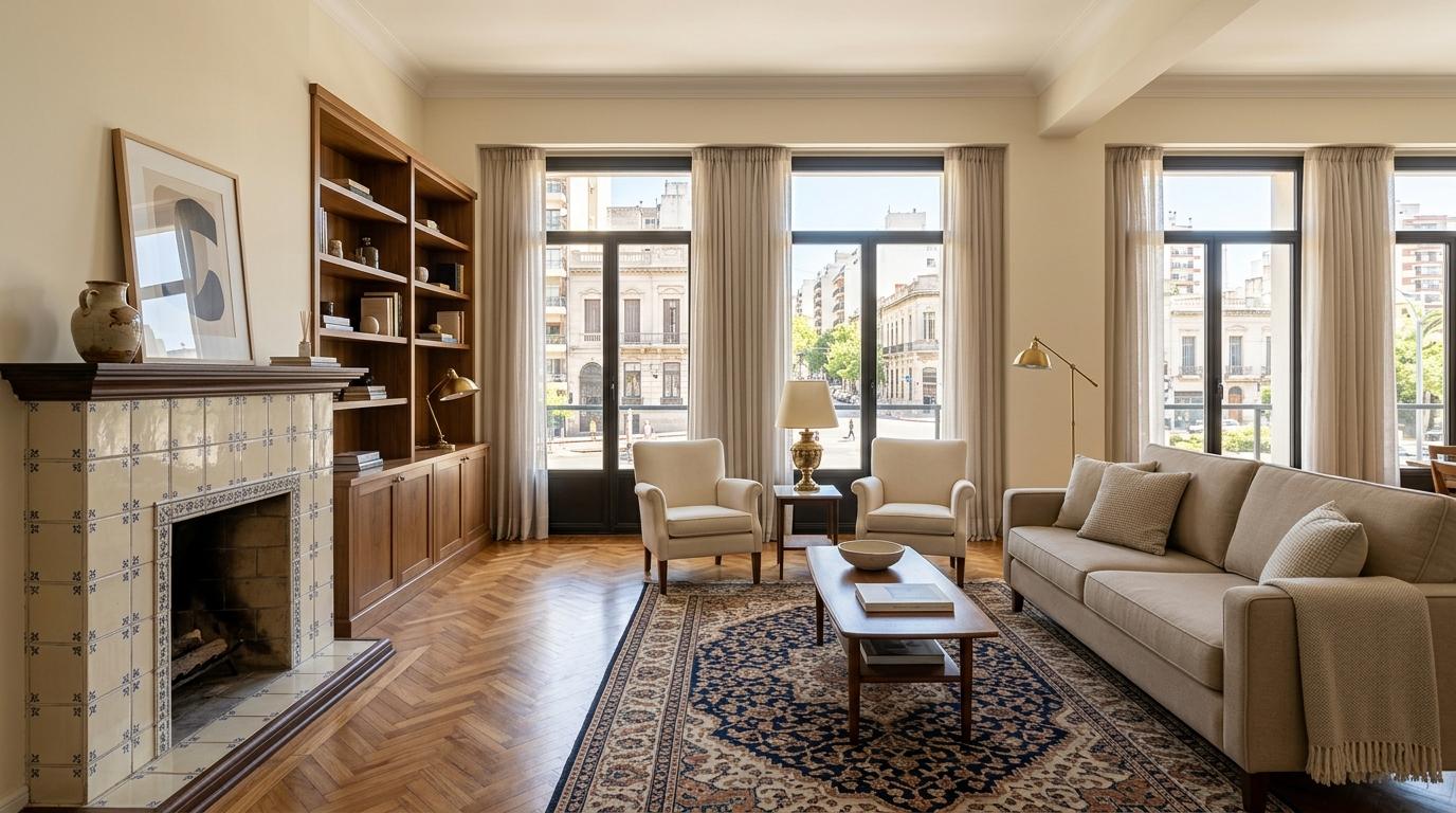Timeless Montevideo living room with flexible open layout, tall windows, tiled fireplace, built-in shelving and neutral sofa in natural light.