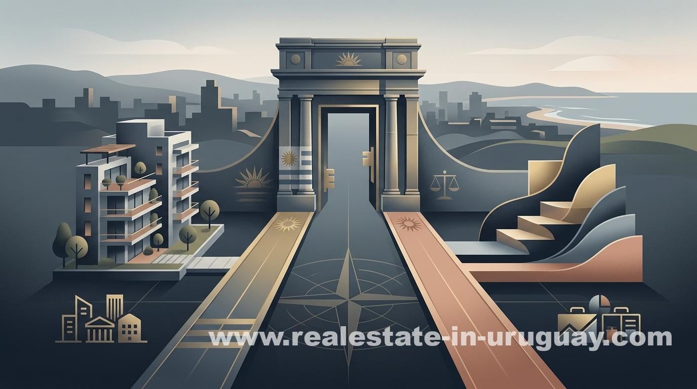 Symmetrical cityscape with archway, modern buildings, scales and sun symbol, coastal view, for Uruguay