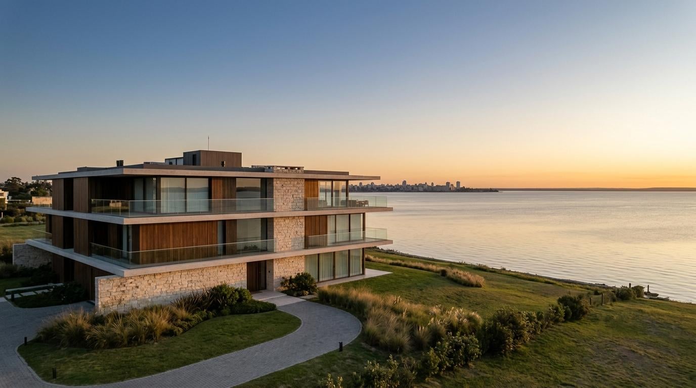 Gebäude am Wasser mit Glasbalkonen, Grünflächen und Skyline bei Sonnenuntergang, symbolisiert Uruguay