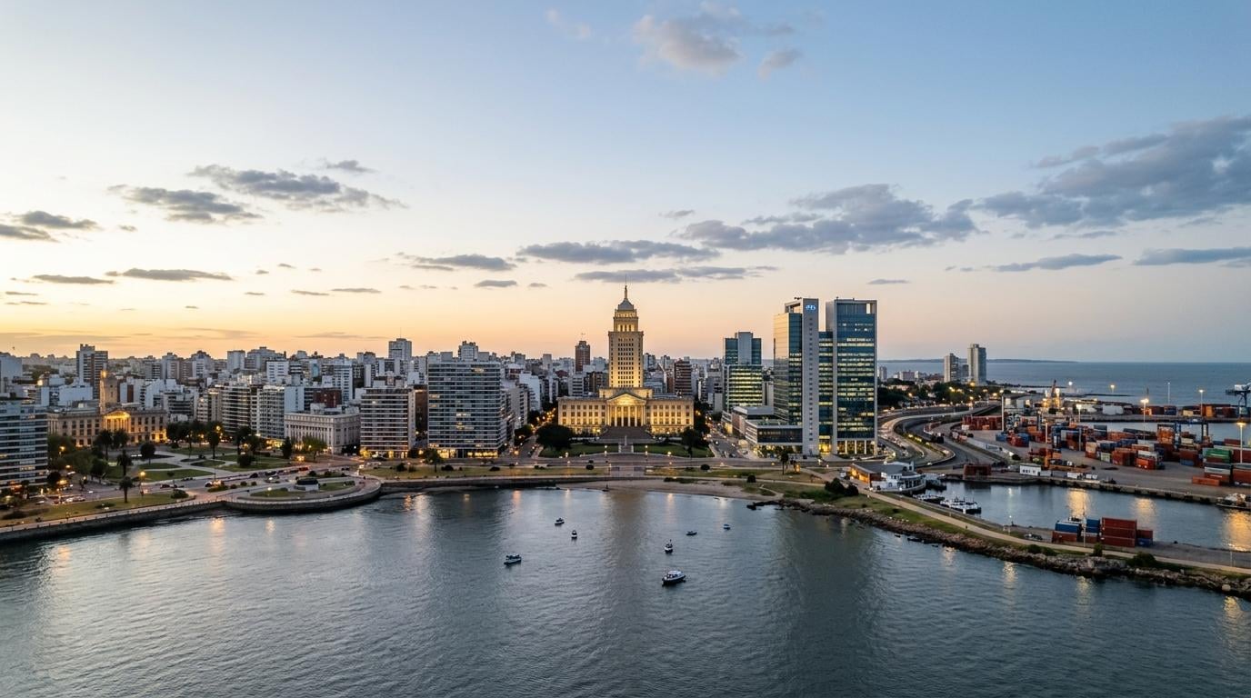 Montevideo waterfront at dusk: illuminated building, port containers, towers, tied to Uruguay BBB rating and Fitch 1% cut.