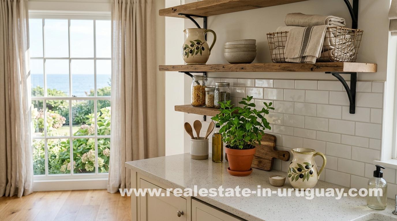 Uruguay coastal kitchen with rustic open shelving, terracotta mint plant, and ceramic pitcher embodying the imperfect home aesthetic