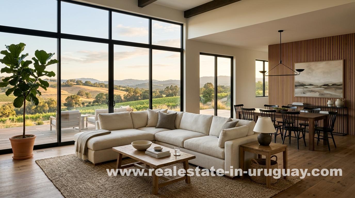 KI-visualisiertes Wohnzimmer eines uruguayischen Landguts mit elfenbeinfarbenem Ecksofa, Feigenbaum und Weinbergblick
