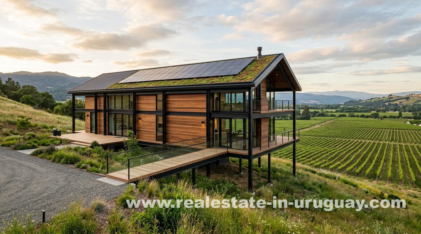 Modern timber and steel estate on Uruguay hillside with green roof, glass walls, and solar panels above vineyards.
