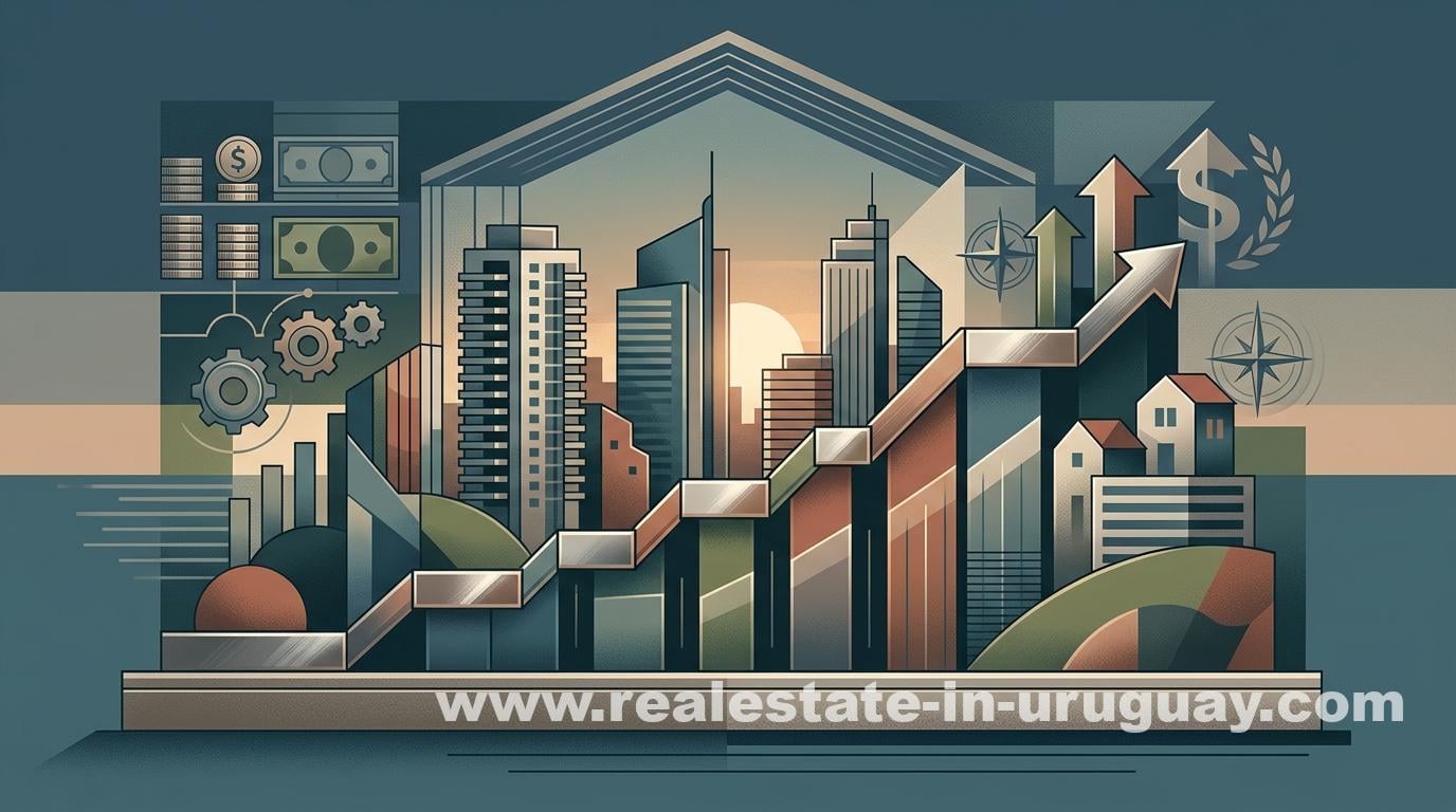 Stylized cityscape with rising sun, growth arrows, and monetary symbols reflecting Uruguay