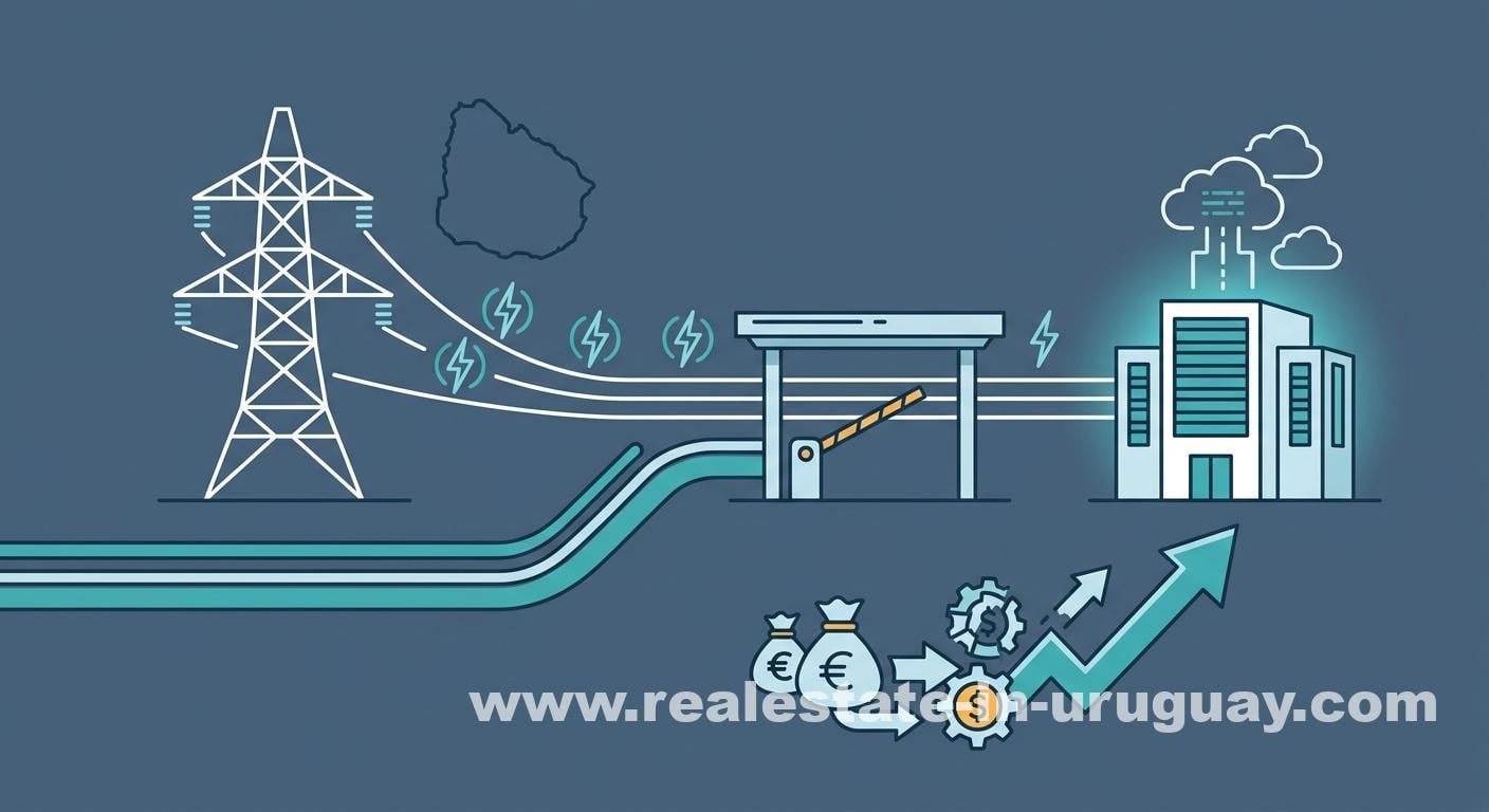 Infographic: pylon sends lightning through checkpoint to data center, with teal energy, money bags, gear, and upward graph on dark blue.