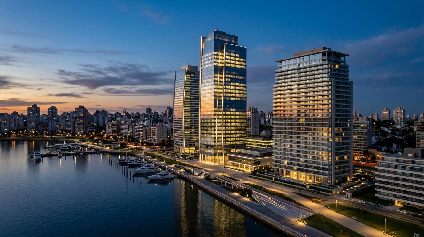 Twilight waterfront skyline of modern high-rises and a yacht marina, reflecting Uruguay