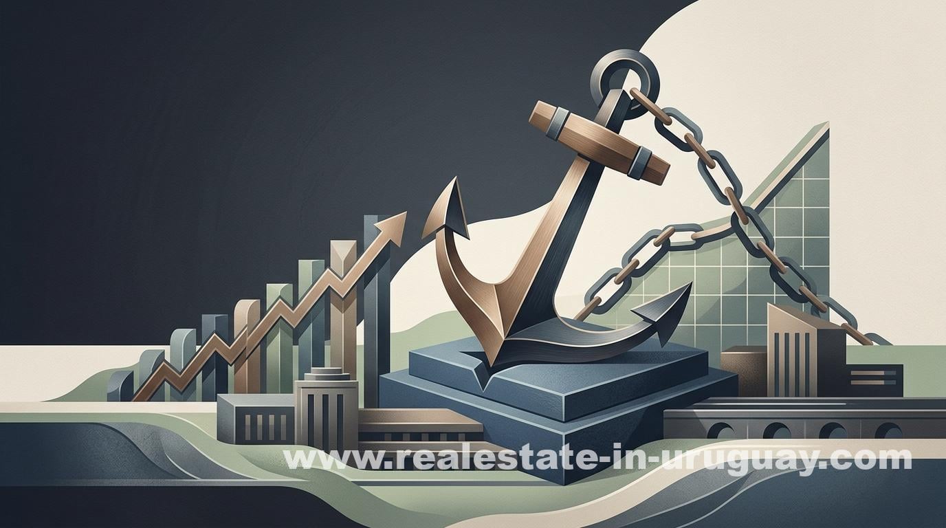 Anchor symbolizing stability before rising bar graphs and modern buildings, reflecting Uruguay