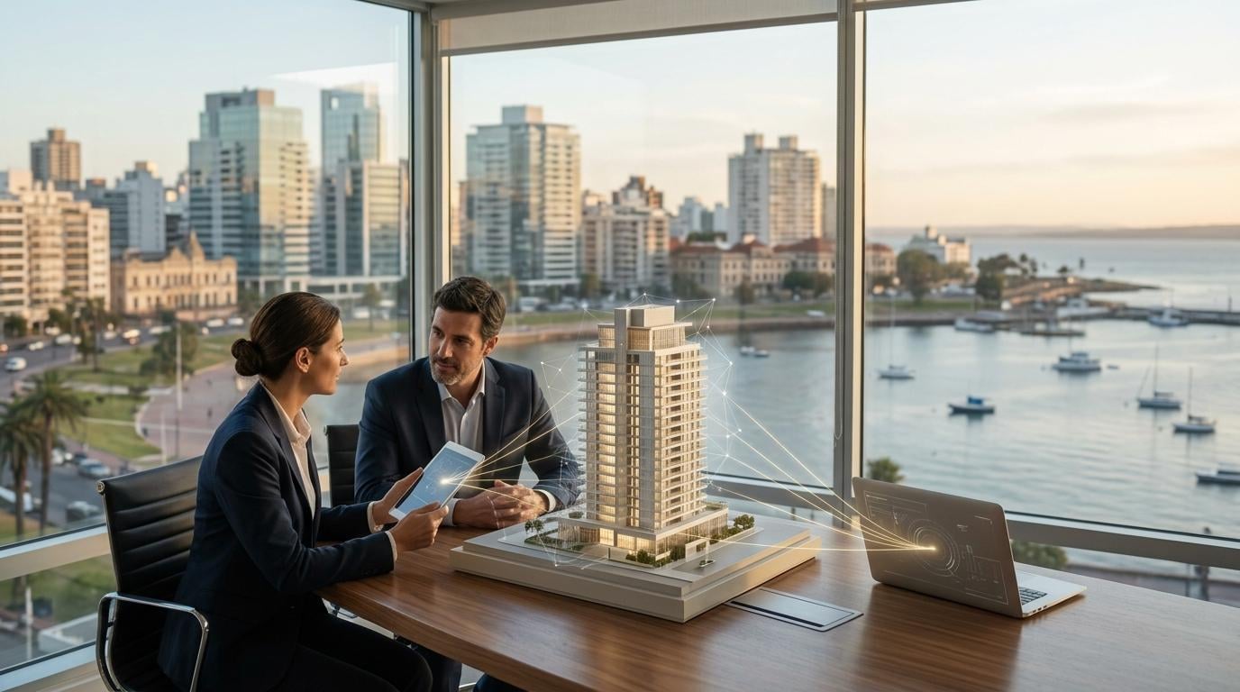 Two professionals discuss a high-rise model in a sunlit office overlooking the coast, reflecting Uruguay