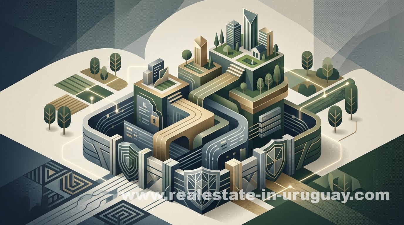 Stylized geometric cityscape with modern buildings, roads, and greenery, symbolizing Uruguay