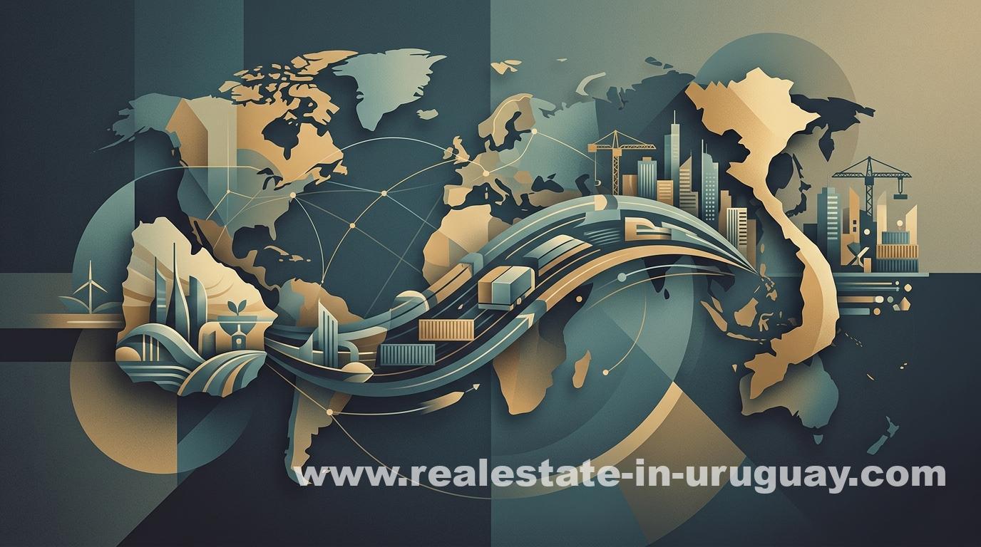 Stylized world map with skyscrapers, cranes, wind turbines in blue, green, gold, symbolizing Uruguay-Vietnam trade.