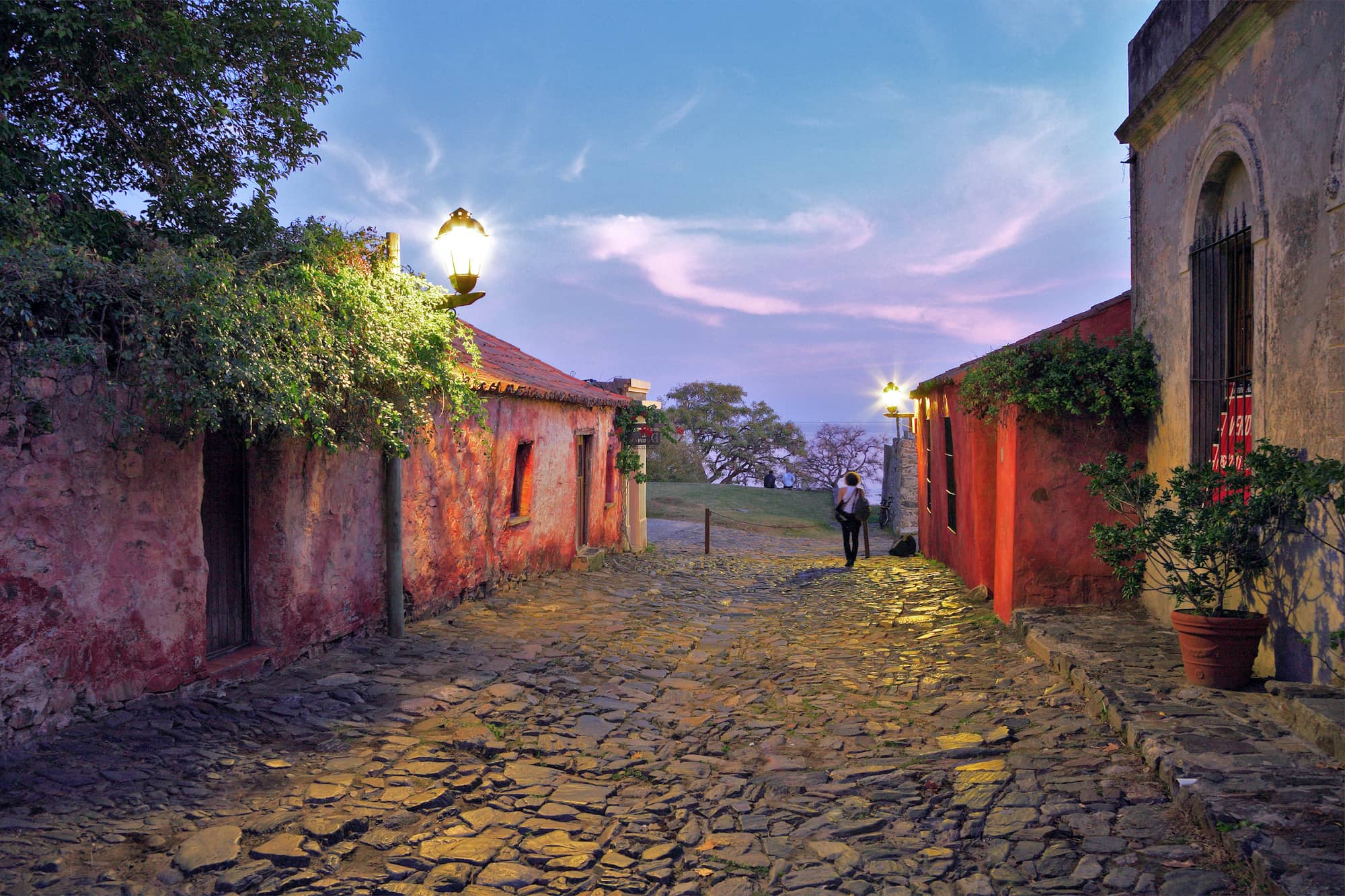 Street of Colonia del Sacramento, at twilight, with pink clouds