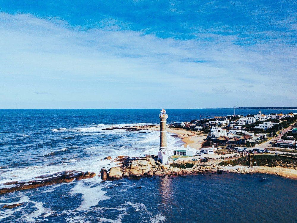 Aerial view of beachfront properties and the José Ignacio Lighthouse in Maldonado Uruguay