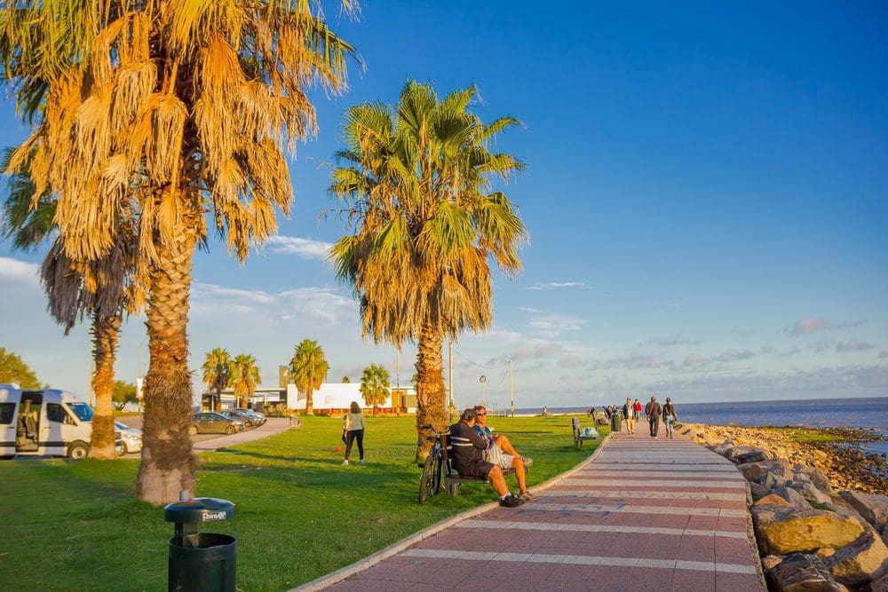 Menschen, die ihre Freizeit in einem Park vor dem Strand in Montevideo verbringen.