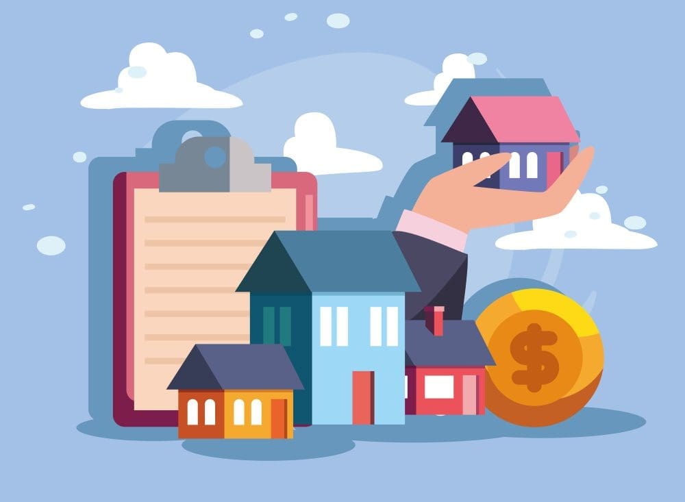 A colorful illustration depicting hands holding a house, surrounded by other houses, a clipboard with a document, and a large dollar coin, all against a light blue background with clouds.