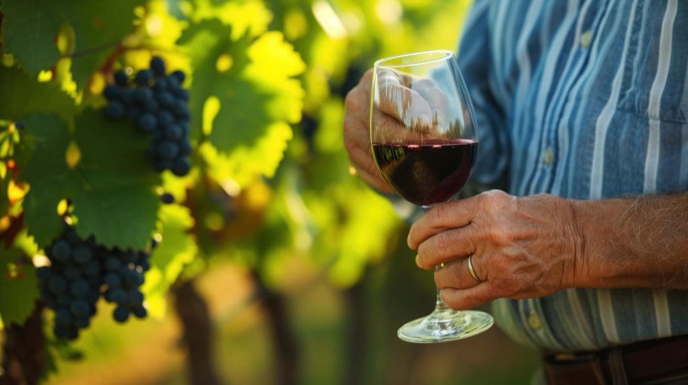 Close-up of a person's hands holding a glass of red wine, with vibrant green grapevines laden with dark grapes blurred in the sunlit background, suggesting a vineyard setting.