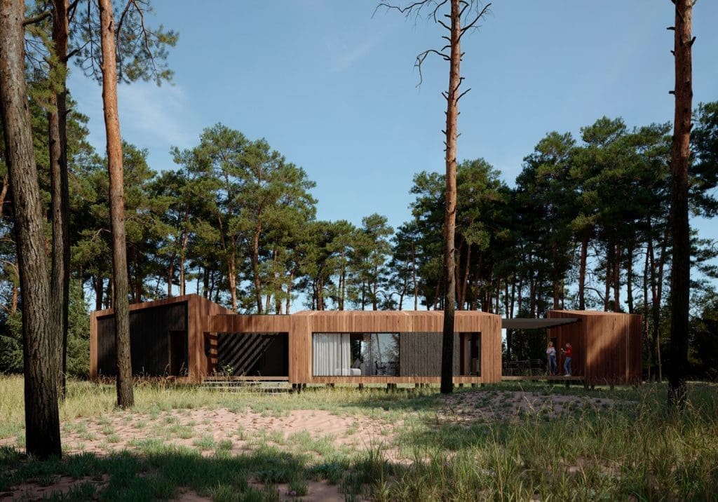 A digital render of a modern, single-story house with a wooden facade and large windows, situated in a forest of tall pine trees on a sunny day.