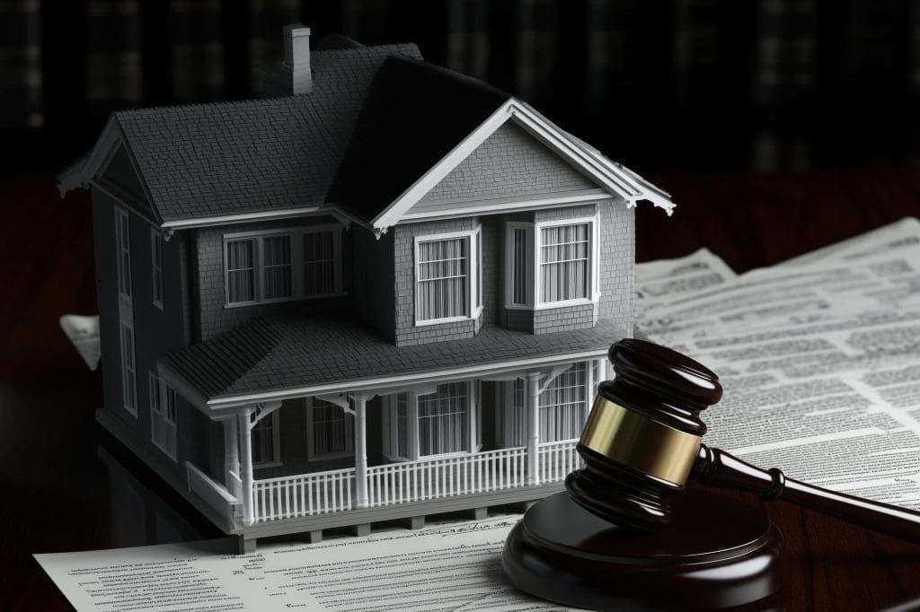 A wooden gavel rests on a table in front of a miniature house model