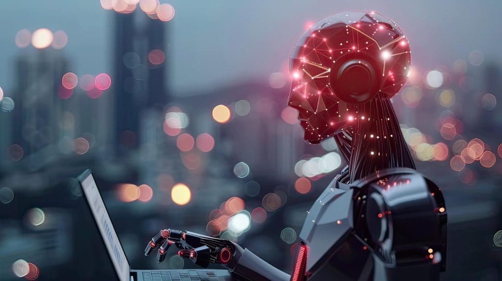 A humanoid robot working on a laptop against a blurred, glowing city skyline at night.