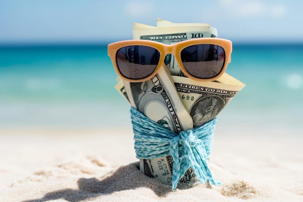 Rolled up U.S. dollar bills wearing sunglasses and standing in the sand on a tropical beach.
