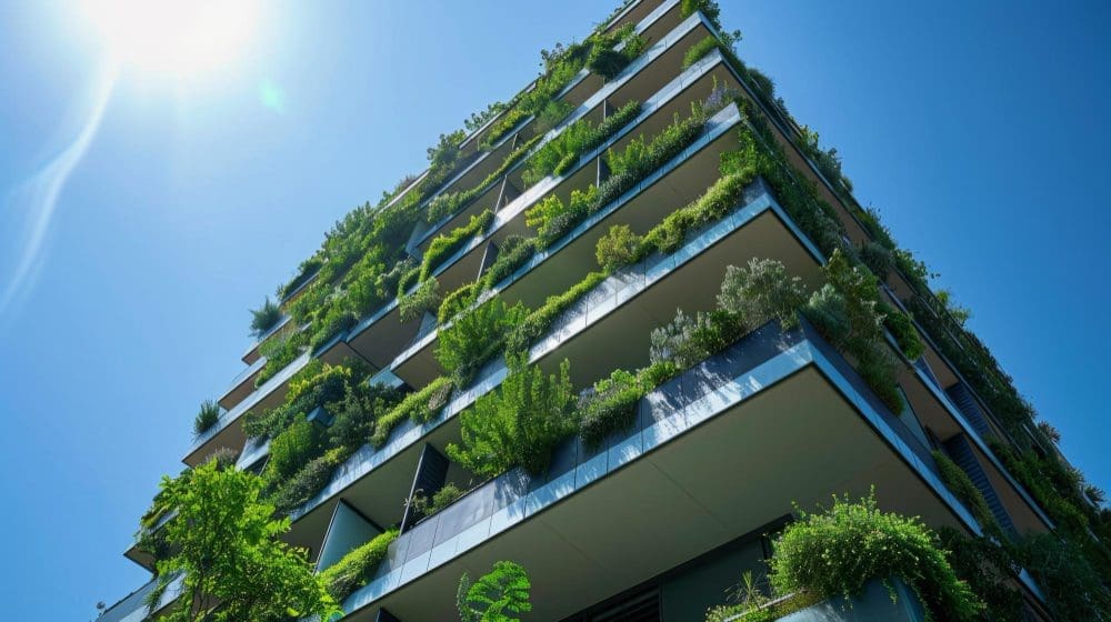 Low-angle view of a modern skyscraper covered in lush green plants and trees on every balcony.