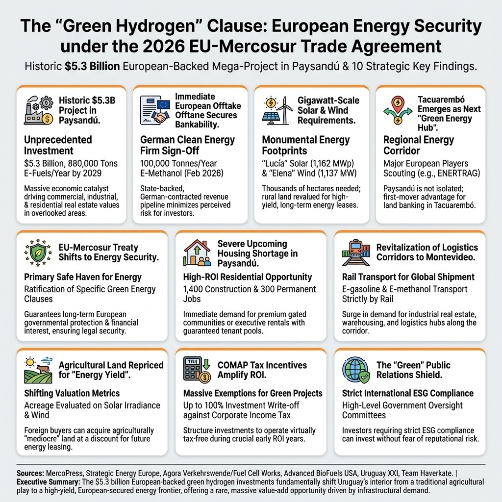 A detailed infographic listing ten strategic findings regarding the European-backed green hydrogen project's effects on Uruguayan real estate and energy sectors.