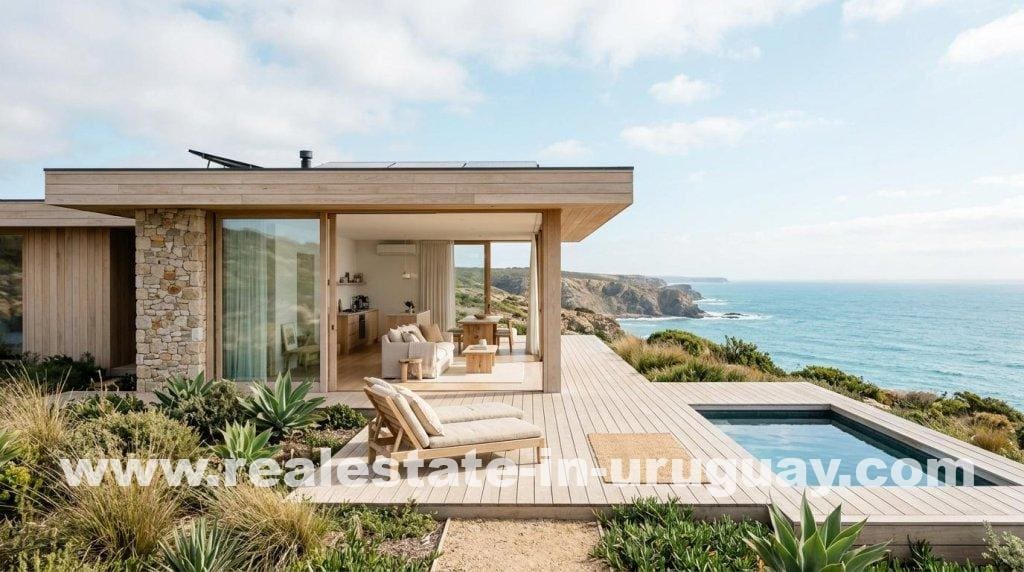 Modern minimalist home with solar panels, ocean view, and pool on coast of Rocha.
