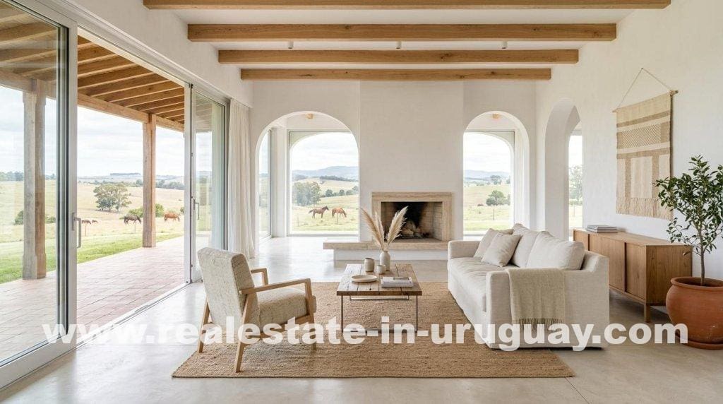 Modern living room with rustic charm, showcasing the rebirth of 'Estancias' merging Uruguayan rustic charm with European luxury.