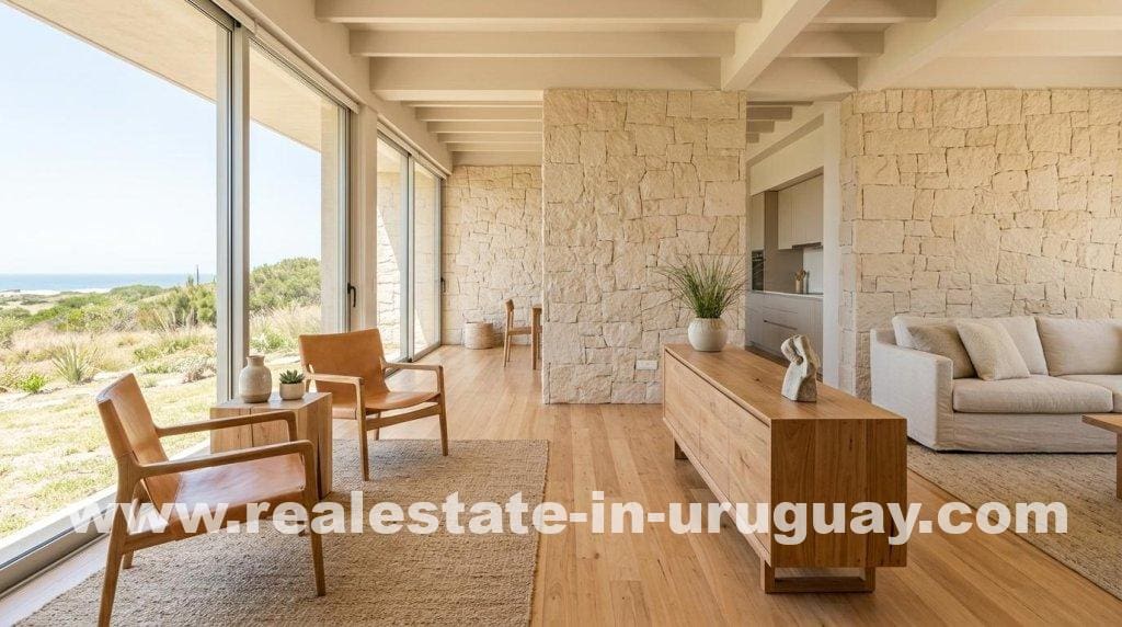 Living area with flagstone walls and leather chairs, integrating Uruguayan nature into modern interior design.