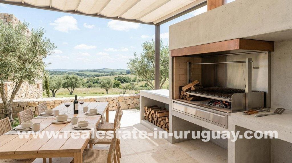 Outdoor dining area with BBQ, showcasing the Uruguayan Barbacoa reimagined for luxury outdoor living.