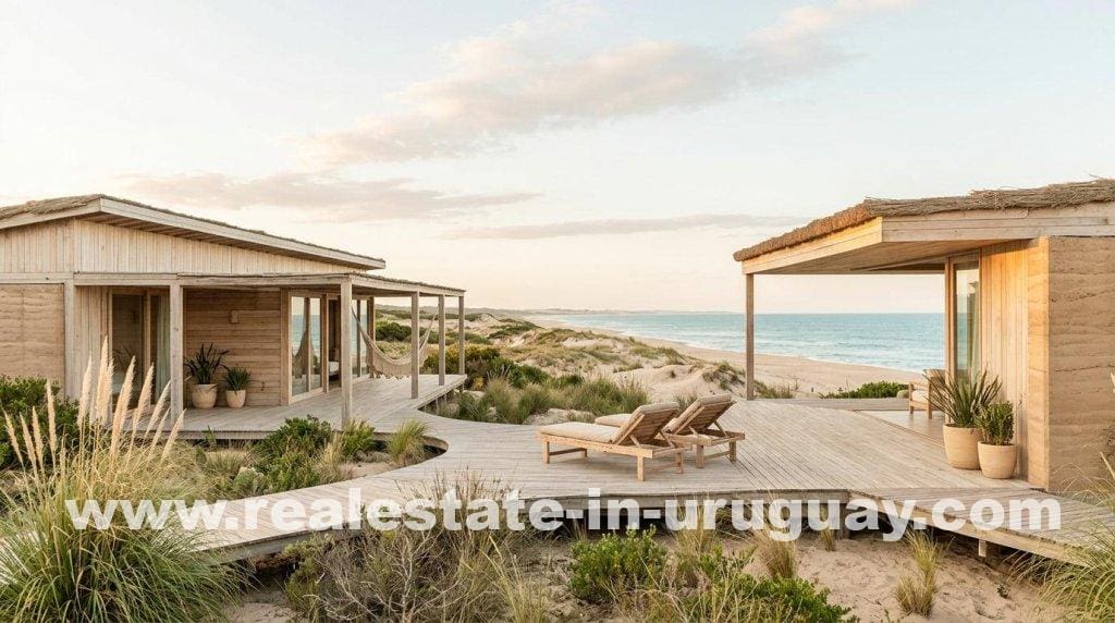 Luxury eco-resort on Uruguay's coast: ESG & Eco-Luxury Investments on renewable energy grid.