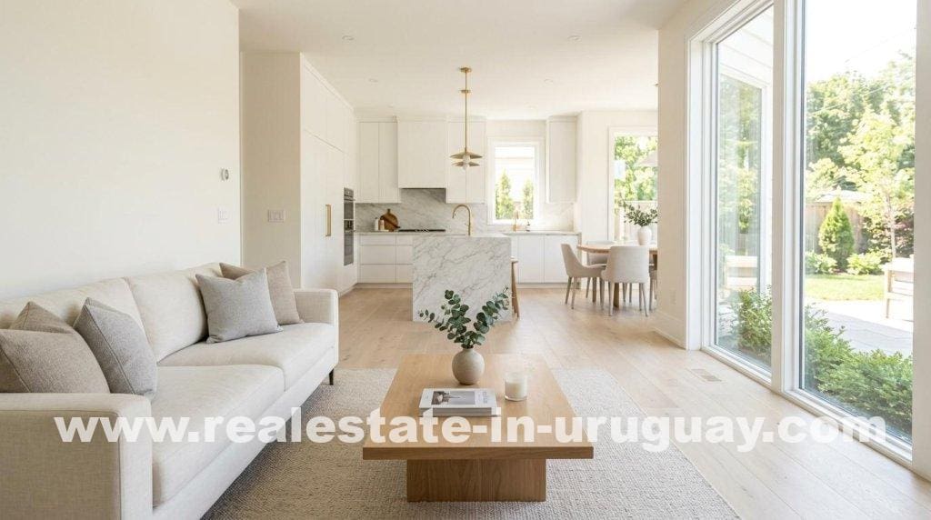 Modernes Wohnzimmer und Küche, die die Nachfrage nach schlüsselfertigen Immobilien zeigen.