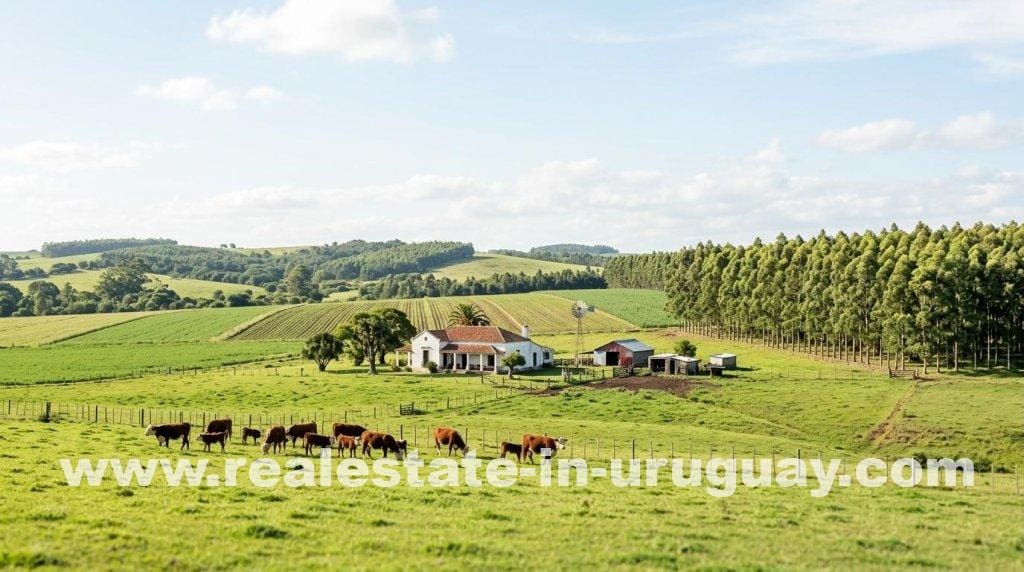 Cattle grazing on green pasture near a farmhouse, hedging against global inflation with productive farmland.