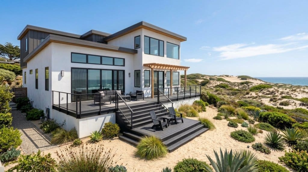 Two-level black-and-white floating decks of a coastal house with black-framed windows and white stucco.