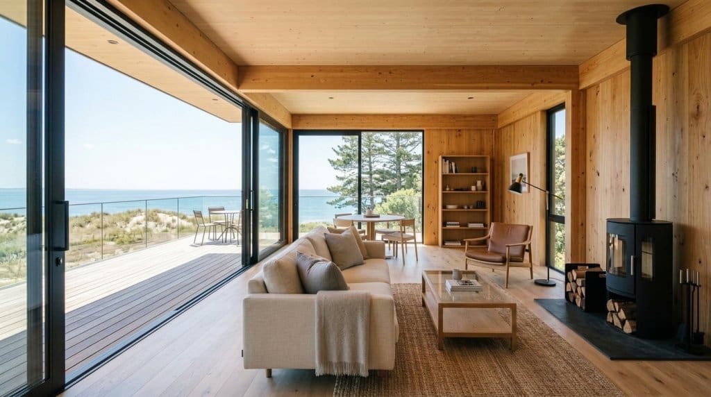 Modern coastal living room with exposed CLT timber walls and large sliding glass doors overlooking calm water, embodying Passive House energy efficiency in Uruguay.