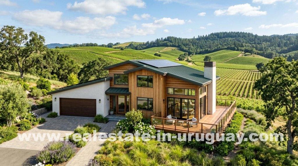 Modern two-story home with wood, stucco, green roof, deck, garage in vineyards hills, embodying Pueblo Garzón co-living design.