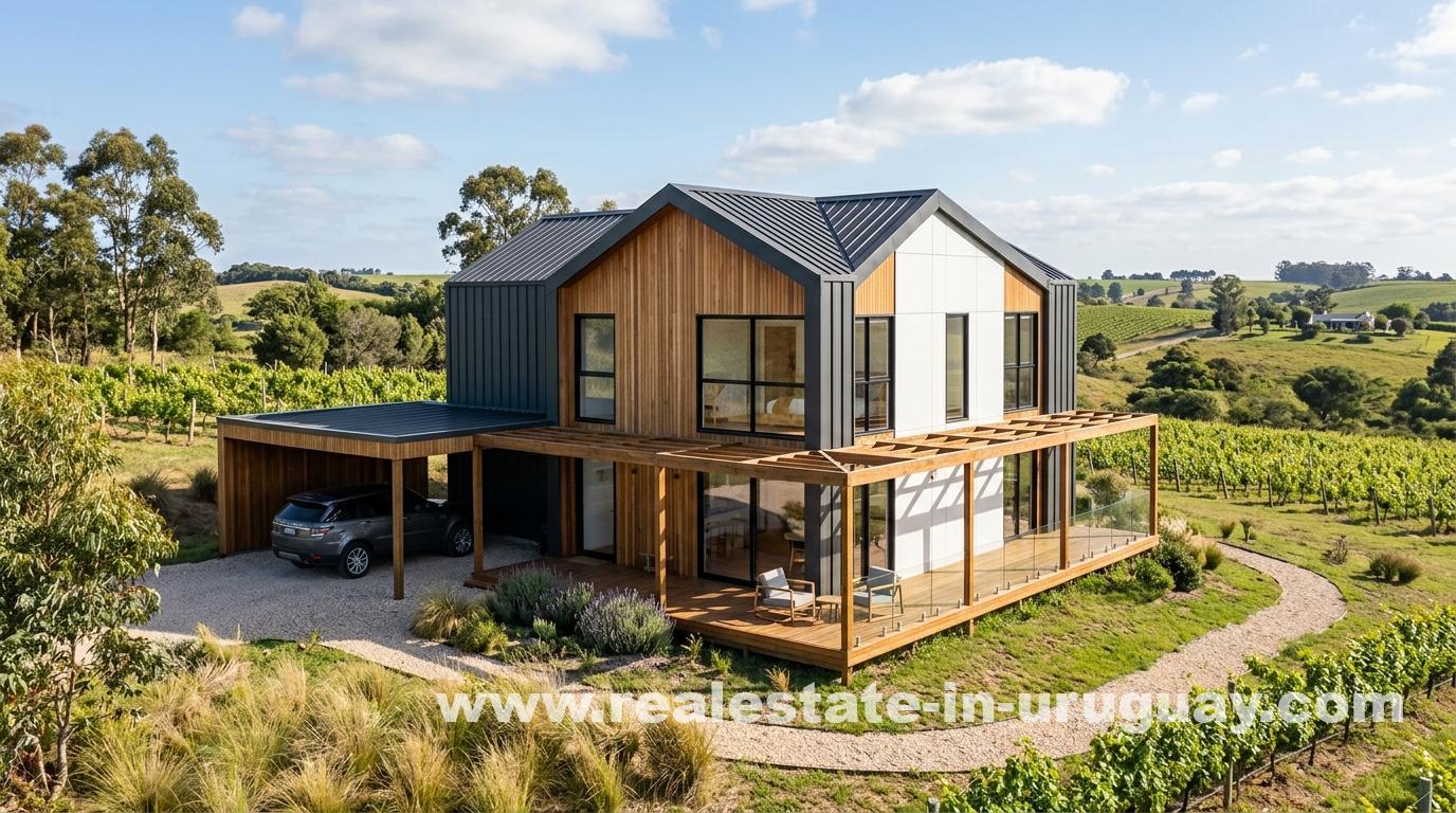 Sober-luxury prefab home with metal, wood, white panels, gabled roof, deck, carport, in Uruguayan vineyards under sunny sky